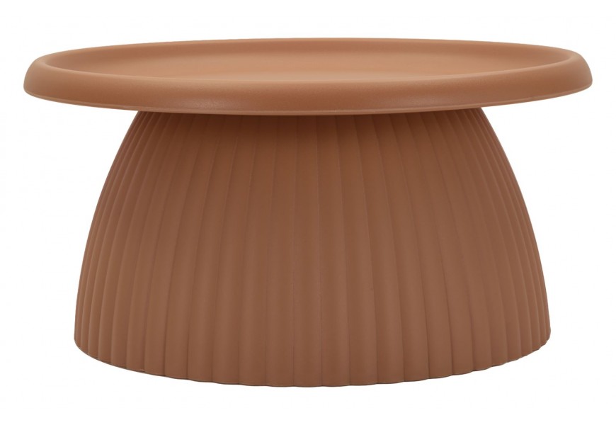Moderní konferenční stolek Corralejo s kulatou vrchní deskou s vyvýšeným okrajem a širokou zaoblenou nohou s drážkovaným designem v hnědooranžové terakotové barvě