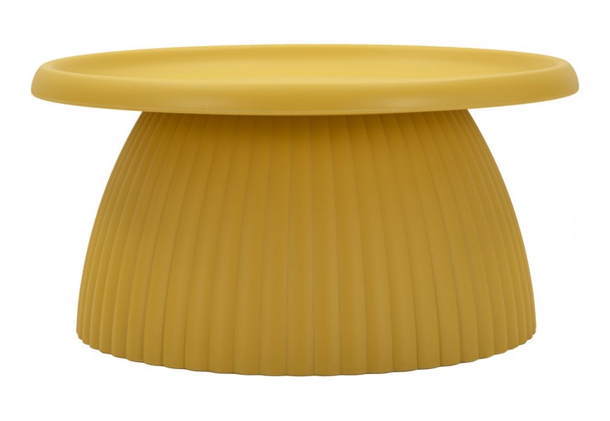 Designový moderní kulatý konferenční stolek Corralejo ve žluté barvě s vrchní deskou se zaoblenými vyvýšenými okraji a mohutnou nohou s vertikálním drážkovaným reliéfem