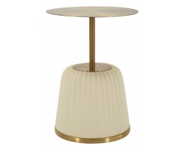 Designov&yacute; glamour kulat&yacute; př&iacute;ručn&iacute; stolek Giselle z kovu ve zlat&eacute; barvě s čalouněnou b&eacute;žovou koženou podstavou 40 cm