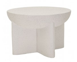 Modern&iacute; designov&yacute; &scaron;ed&yacute; konferenčn&iacute; stolek Carlos s kulatou vrchn&iacute; deskou a půlkulov&yacute;m profilem ve spodn&iacute; č&aacute;sti se čtyřmi pln&yacute;mi zkř&iacute;žen&yacute;ma nohama z hořč&iacute;kov&eacute;ho kompozitu se vzhledem cementu