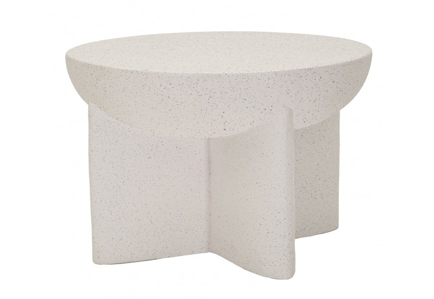 Moderní designový šedý konferenční stolek Carlos s kulatou vrchní deskou a půlkulovým profilem ve spodní části se čtyřmi plnými zkříženýma nohama z hořčíkového kompozitu se vzhledem cementu