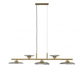 Glamour lustr Padma s &uacute;chyty ve tvaru květů ze skla v &scaron;ed&eacute; barvě na pět ž&aacute;rovek s line&aacute;rn&iacute; kovovou konstrukc&iacute; ve zlat&eacute; barvě