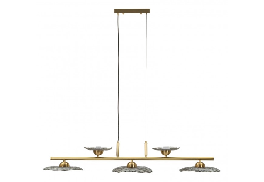 Glamour lustr Padma s úchyty ve tvaru květů ze skla v šedé barvě na pět žárovek s lineární kovovou konstrukcí ve zlaté barvě