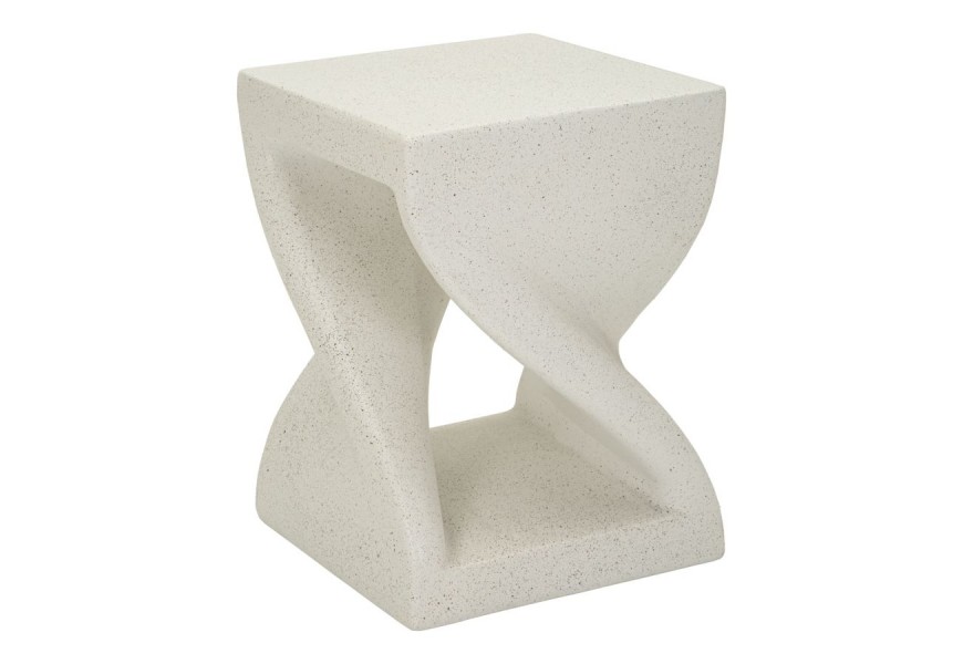 Moderní designový bílý příruční stolek Twist se čtvercovou vrchní deskou a policí z hořčíkového kompozitu MGO s tmavými zrny a zatočenou siluetou