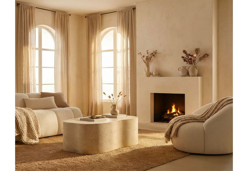 Modern&iacute; designov&aacute; ob&yacute;vac&iacute; sestava Berry s b&iacute;l&yacute;m čalouněn&yacute;m sedac&iacute;m n&aacute;bytkem a kameninov&yacute;mi stolky