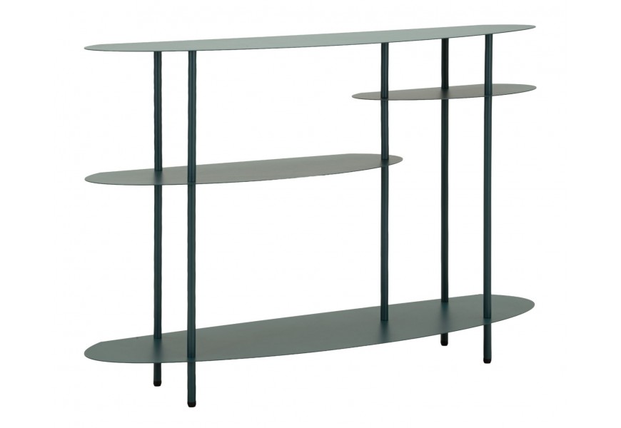 Moderní tmavý tyrkysový kovový konzolový stolek Satre na nožičkách se širokou vrchní deskou a spodní policí se dvěma kratšími asymetricky umístěnými policemi