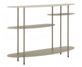 Modern&iacute; designov&yacute; b&eacute;žov&yacute; konzolov&yacute; stolek Satre se třemi policemi s různ&yacute;mi velikostmi a ov&aacute;lnou vrchn&iacute; deskou se zarovnanou zadn&iacute; stranou na nožičk&aacute;ch