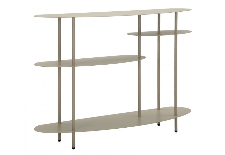 Moderní designový béžový konzolový stolek Satre se třemi policemi s různými velikostmi a oválnou vrchní deskou se zarovnanou zadní stranou na nožičkách