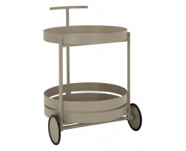 Moderní kulatý kovový béžový servírovací vozík Satre na kolečkách s tenkou dlouhou úchytkou a poličkou 61 cm