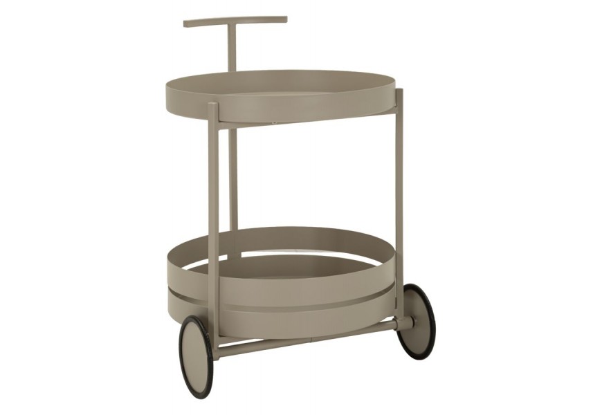 Designový servírovací vozík Satre v kulatém tvaru z kovu v hnědé barvě na dvou kolečkách a dlouhou úzkou úchytkou s policí s vyvýšenými okraji