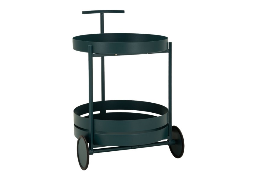 Designový servírovací vozík Satre v kulatém tvaru v modré barvě z kovu s policí s vyvýšeným okrajem na dvou kolečkách s vysokou úzkou úchytkou