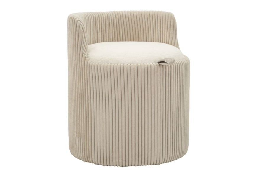 Moderní skandinávská béžová taburetka Shelly kulatého tvaru s úložným prostorem pod sedadlem s plyšovým potahem s vertikálním prošíváním s žebrovaným designem bez nožiček s nízkou opěrkou