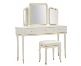 Klasick&yacute; obd&eacute;ln&iacute;kov&yacute; toaletn&iacute; stolek Isabelle s taburetkou v b&iacute;l&eacute; barvě s kovov&yacute;mi detaily a třemi zrcadly 135 cm