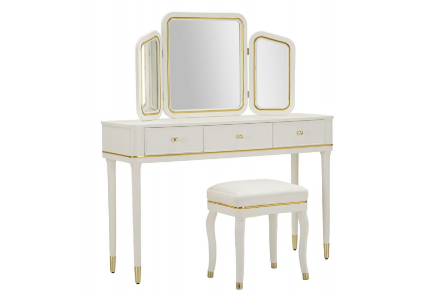 Klasick&yacute; obd&eacute;ln&iacute;kov&yacute; toaletn&iacute; stolek Isabelle s taburetkou v b&iacute;l&eacute; barvě s kovov&yacute;mi detaily a třemi zrcadly 135 cm