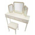 Klasick&yacute; obd&eacute;ln&iacute;kov&yacute; toaletn&iacute; stolek Isabelle s taburetkou v b&iacute;l&eacute; barvě s kovov&yacute;mi detaily a třemi zrcadly 135 cm