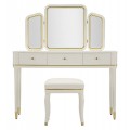Klasick&yacute; obd&eacute;ln&iacute;kov&yacute; toaletn&iacute; stolek Isabelle s taburetkou v b&iacute;l&eacute; barvě s kovov&yacute;mi detaily a třemi zrcadly 135 cm