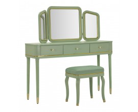 Glamour dřevěn&yacute; toaletn&iacute; stolek Isabelle v obd&eacute;ln&iacute;kov&eacute;m tvaru s čalouněnou taburetkou s kabriolov&yacute;mi nožičkami a zlat&yacute;mi detaily se třemi zrcadly a dvěma &scaron;upl&iacute;ky