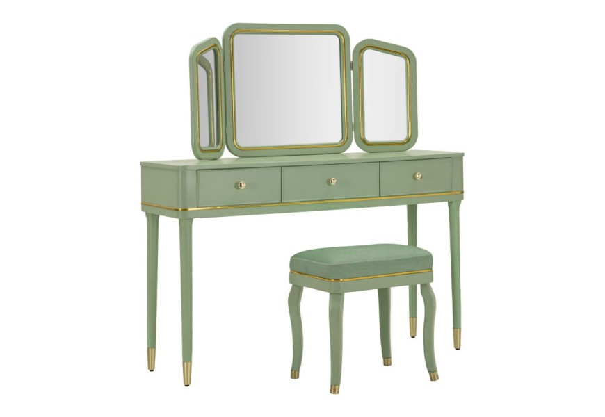 Glamour dřevěný toaletní stolek Isabelle v obdélníkovém tvaru s čalouněnou taburetkou s kabriolovými nožičkami a zlatými detaily se třemi zrcadly a dvěma šuplíky