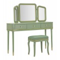Glamour dřevěný toaletní stolek Isabelle v obdélníkovém tvaru s čalouněnou taburetkou s kabriolovými nožičkami a zlatými detaily se třemi zrcadly a dvěma šuplíky
