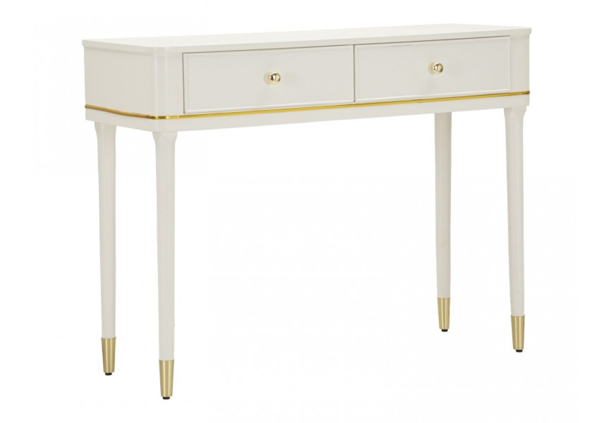 Glamour konzolový stolek Isabelle v obdélníkovém tvaru v bílé barvě ze dřeva se dvěma zásuvkami a kovovými detaily ve zlaté barvě s kulatými úchytkami