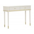 Glamour konzolový stolek Isabelle v obdélníkovém tvaru v bílé barvě ze dřeva se dvěma zásuvkami a kovovými detaily ve zlaté barvě s kulatými úchytkami