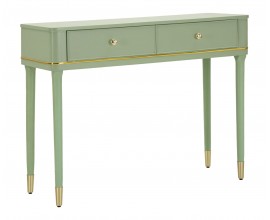 Glamour konzolov&yacute; stolek Isabelle ze dřeva v zelen&eacute; barvě v obd&eacute;ln&iacute;kov&eacute;m tvaru se dvěma z&aacute;suvkami a &uacute;chyty z kovu ve zlat&eacute; barvě se zlat&yacute;mi detaily