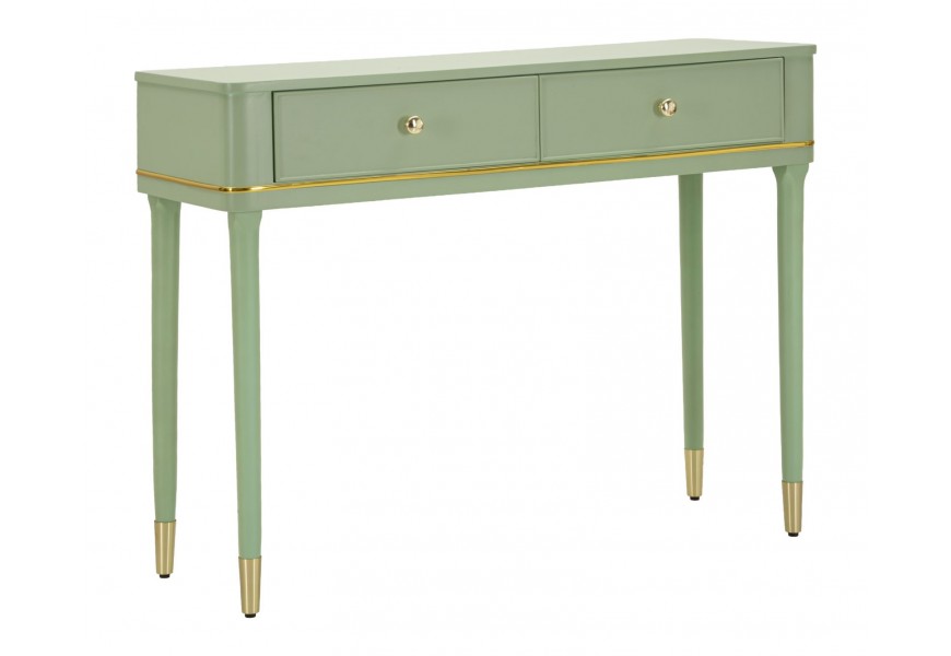Glamour konzolový stolek Isabelle ze dřeva v zelené barvě v obdélníkovém tvaru se dvěma zásuvkami a úchyty z kovu ve zlaté barvě se zlatými detaily