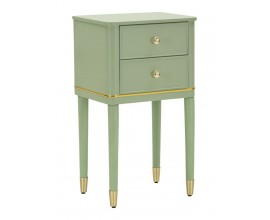 Glamour zelen&yacute; nočn&iacute; stolek Isabelle se zaoblen&yacute;mi rohy ze dřeva se zlat&yacute;mi detaily z kovu se dvěma z&aacute;suvkami