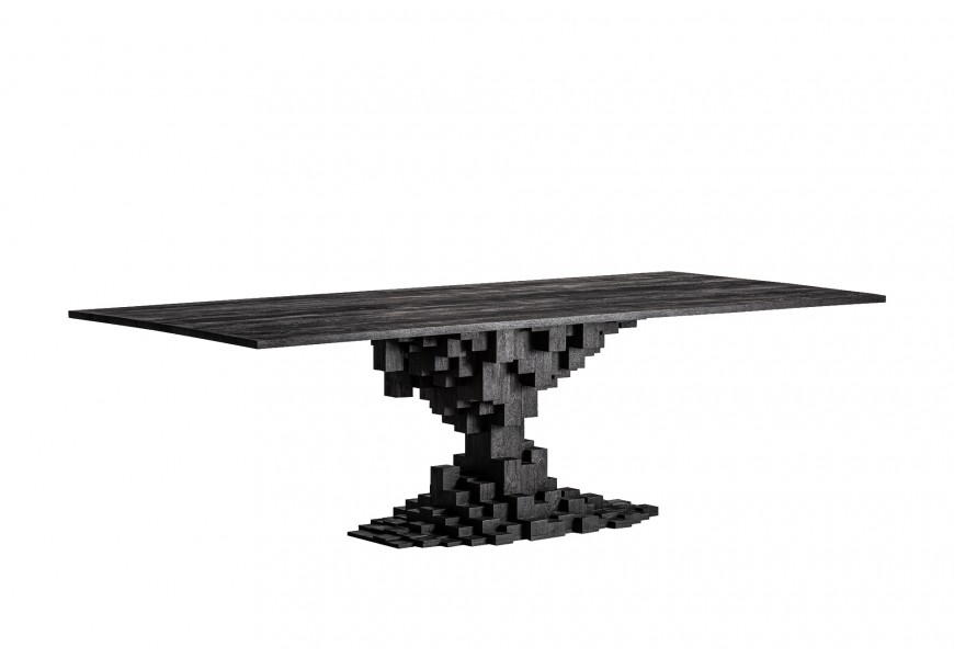 Luxusn&iacute; geometrick&yacute; obd&eacute;ln&iacute;kov&yacute; j&iacute;deln&iacute; stůl Cubia Nera s kostkovanou nohou z masivn&iacute;ho mangov&eacute;ho dřeva 250 cm