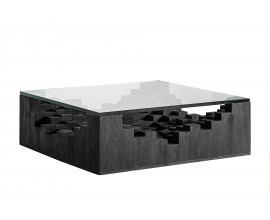 Luxusn&iacute; art deco masivn&iacute; čtvercov&yacute; konferenčn&iacute; stolek Cubia Nera z mangov&eacute;ho čern&eacute;ho dřeva se skleněnou deskou 98 cm