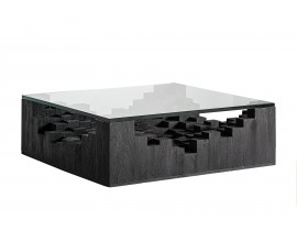 Luxusn&iacute; art deco čtvercov&yacute; konferenčn&iacute; stolek Cubia Nera z masivn&iacute;ho mangov&eacute;ho čern&eacute;ho dřeva se skleněnou deskou 118 cm