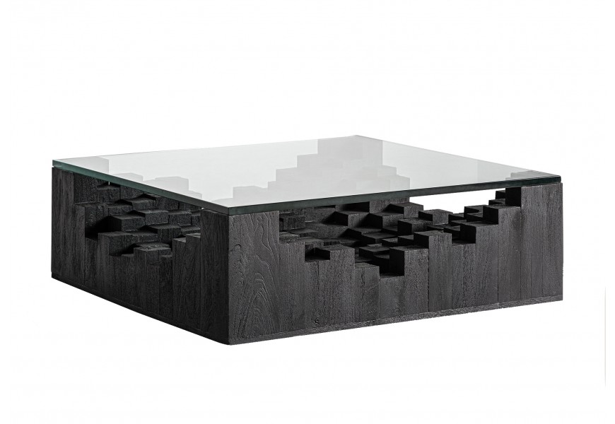 Luxusní masivní konferenční stolek Cubia Nera z mangového dřeva v černé barvě s kostkovaným reliéfem z hranolů a průhlednou skleněnou deskou