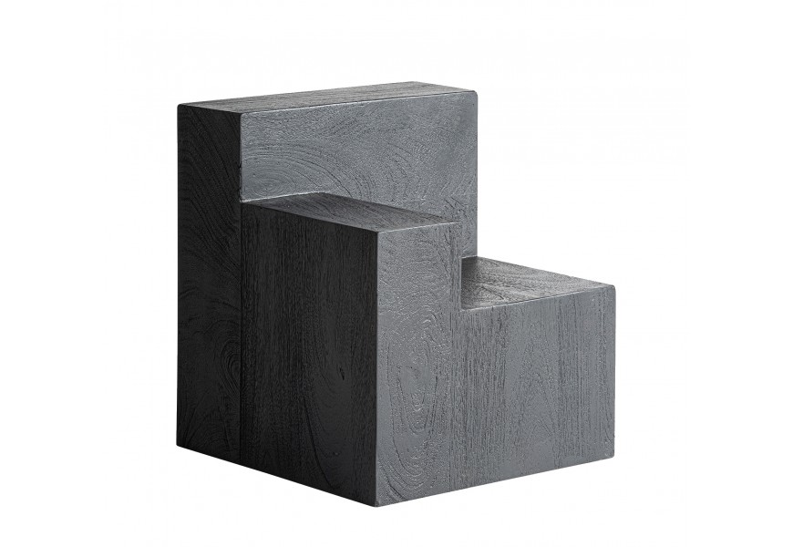 Luxusní geometrický příruční stolek Cubia Nera z masivního mangového dřeva v černé barvě se třemi patry