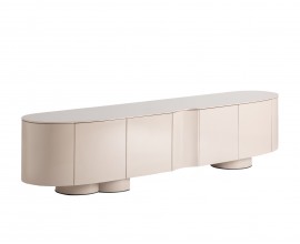 Luxusn&iacute; glamour čtyřdveřov&yacute; televizn&iacute; stolek Munios ze dřeva s leskl&yacute;m povrchem v b&eacute;žov&eacute; barvě v ov&aacute;ln&eacute;m obd&eacute;ln&iacute;kov&eacute;m tvaru s kulat&yacute;mi nožičkami