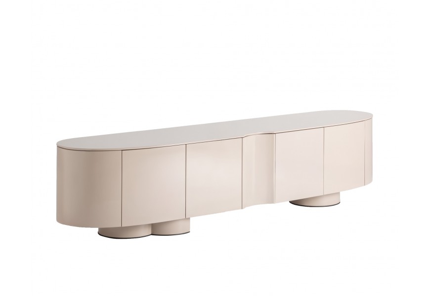 Luxusní glamour čtyřdveřový televizní stolek Munios ze dřeva s lesklým povrchem v béžové barvě v oválném obdélníkovém tvaru s kulatými nožičkami