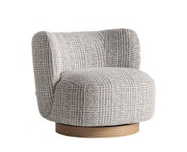 Luxusn&iacute; art deco kulat&eacute; otočn&eacute; křeslo Elvara se vzorovan&yacute;m &scaron;edo b&iacute;l&yacute;m potahem a kulatou dřevěnou hnědou podstavou 85 cm