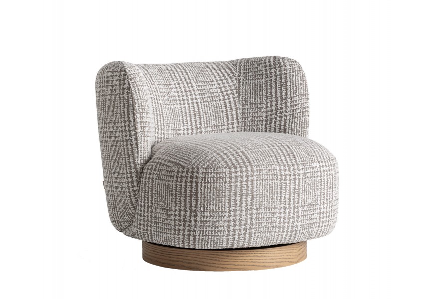 Luxusn&iacute; art deco kulat&eacute; otočn&eacute; křeslo Elvara se vzorovan&yacute;m &scaron;edo b&iacute;l&yacute;m potahem a kulatou dřevěnou hnědou podstavou 85 cm