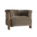 Luxusní moderní čalouněné křeslo Jeran s žinylkovým potahem v kaki zelené barvě s dřevěnými plochými nožičkami v hnědé barvě v polobloukovém tvaru
