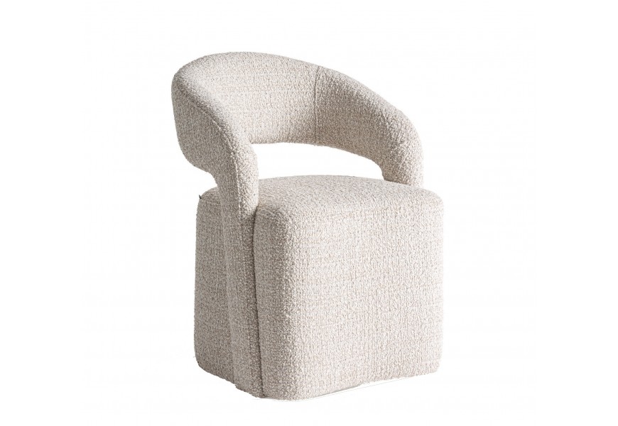 Luxusní art deco křeslo Ziria v béžové barvě s žinylkovým potahem ve čtvercovém tvaru se zaoblenou opěrkou na záda