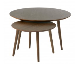 Modern&iacute; sada dvou konferenčn&iacute;ch stolků Karena v kulat&eacute;m tvaru v tmav&eacute; barvě s dubovou d&yacute;hou s vyosen&yacute;mi nožičkami v tmavě hněd&eacute; barvě