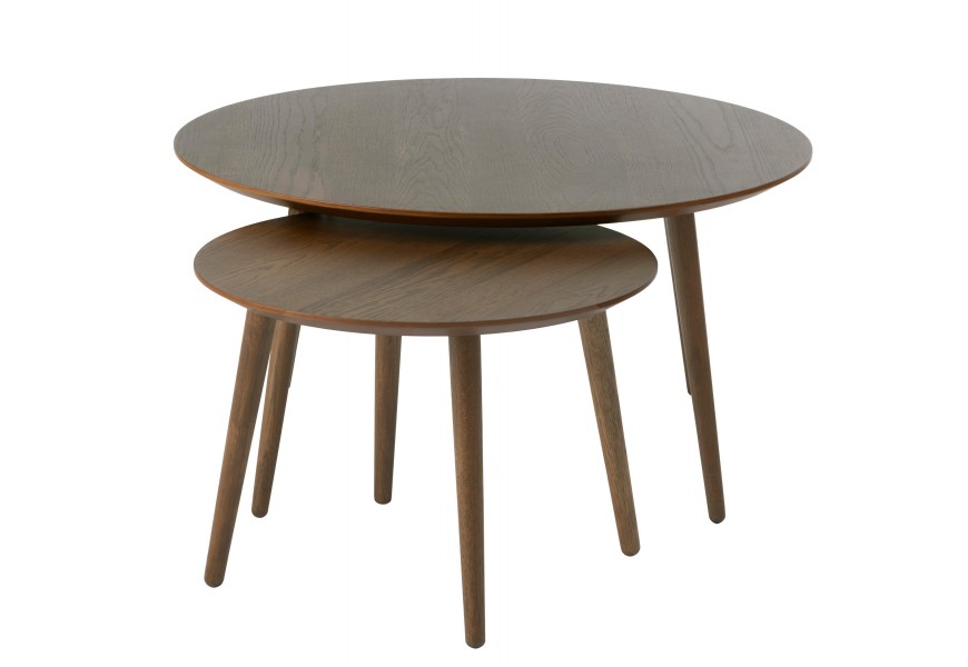 Moderní sada dvou konferenčních stolků Karena v kulatém tvaru v tmavé barvě s dubovou dýhou s vyosenými nožičkami v tmavě hnědé barvě