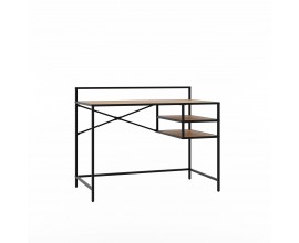 Industriální obdélníkový černý kovový psací stůl Helin s deskou s dubovým vzhledem v hnědé barvě se dvěma policemi 110 cm