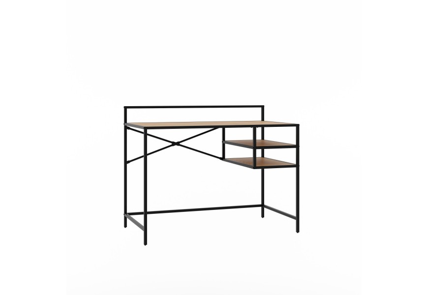 Moderní industriální psací stůl Helin v obdélníkovém tvaru s kovovou konstrukcí v černé barvě s deskou s dubovým vzhledem v hnědé barvě se dvěma policemi