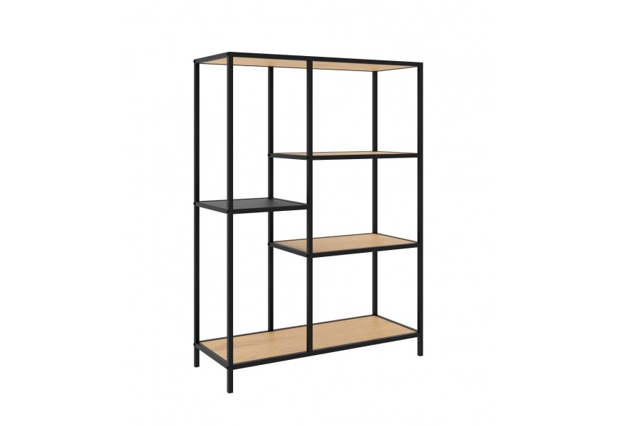 Modern&iacute; obd&eacute;ln&iacute;kov&yacute; reg&aacute;l Helin s černou kovovou konstrukc&iacute; a čtyřmi hend&yacute;mi policemi s dubov&yacute;m vzhledem 112 cm