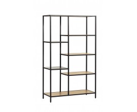 Modern&iacute; industri&aacute;ln&iacute; obd&eacute;ln&iacute;kov&yacute; reg&aacute;l Helin s černou konstrukc&iacute; se &scaron;esti hněd&yacute;mi asymetricky um&iacute;stěn&yacute;mi policemi 146 cm