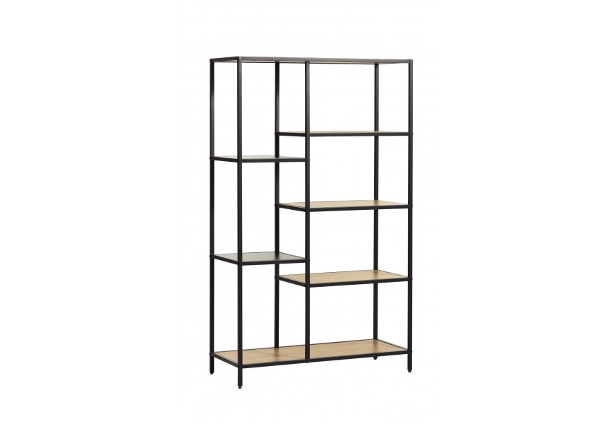 Moderní industriální regál Helin s černou konstrukcí z kovu se šesti policemi s dubovým vzhledem v hnědé barvě