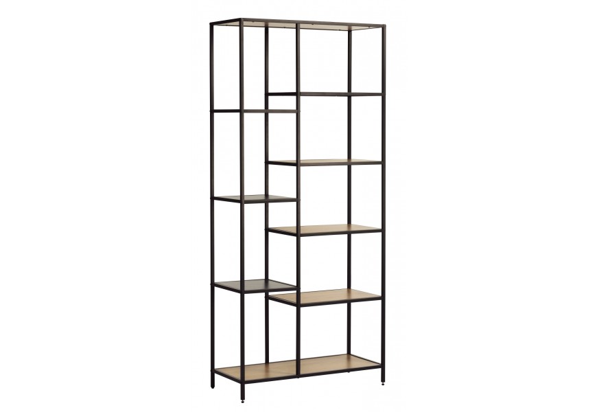 Moderní industriální regál Helin v obdélníkovém tvaru s osmi hnědými policemi s konstrukcí z kovu v černé barvě