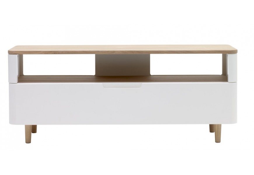 Modern&iacute; obd&eacute;ln&iacute;kov&yacute; TV stolek Jinia se z&aacute;suvkou a polic&iacute; s b&iacute;l&yacute;m a hněd&yacute;m povrchem s obl&yacute;mi rohy 120 cm