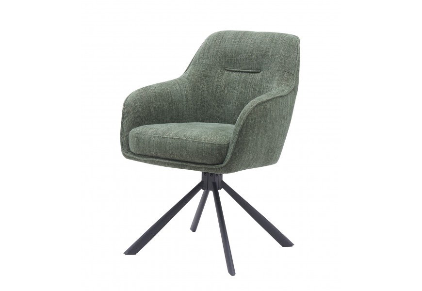 Skandinávské industriální jídelní křeslo Egon s opěrkami na ruce s žinylkovým potahem v šalvějové zelené barvě s černou podstavou z kovu s otočnou funkcí