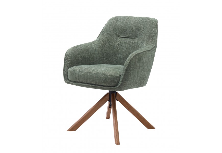 Designové skandinávské zelené otočné jídelní křeslo Egon s potahem s jemným sametovým leskem s bočními opěrkami na ruce a podstavou se čtyřmi šikmými nohami ve světlém hnědém dubovém provedení
